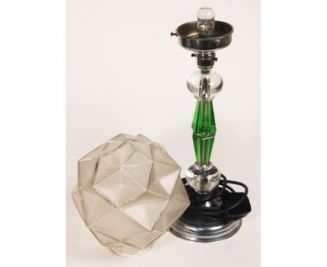 An Art Deco style lamp with inverted faceted glass shade, height 55cm.  Condition: one minor chip to glass shade