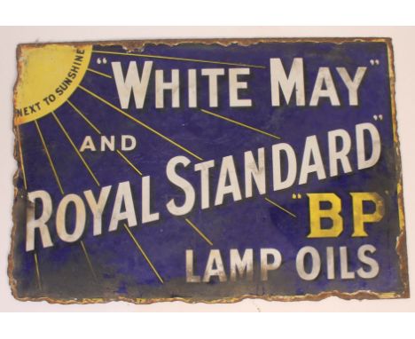 A vintage double sided enamel sign Next to Sunshine White May and Royal Standard Lamp Oil BP 45cm x 30cm.  
