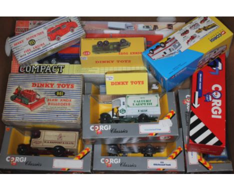 A box of mainly Corgi model vehicles including a 961 bull dozer and a 955 fire engine.  