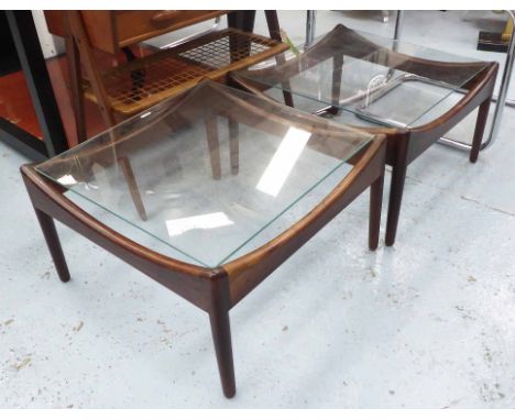 VINTAGE SIDE TABLES, a pair, 1960's Danish rosewood, with glass tops, 54cm x 54cm x 32cm H. (2)