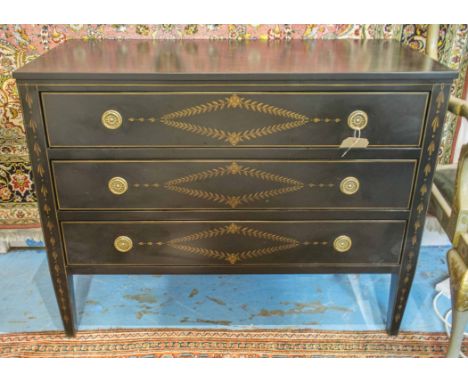 JULIAN CHICHESTER COMMODE, ebonised and gilt decorated with three long drawers and tapering supports, 105cm W x 45cm D x 84cm