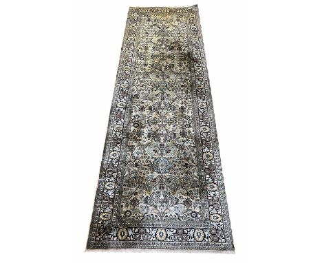 KASHMIR SILK RUNNER, 245cm x 79cm, floral field within complimentary bands and borders.