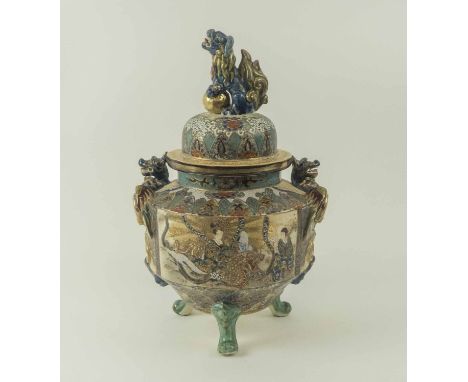 JAPANESE KORO, late 20th century ceramic, the lid with foo dog finial, 38cm H overall.