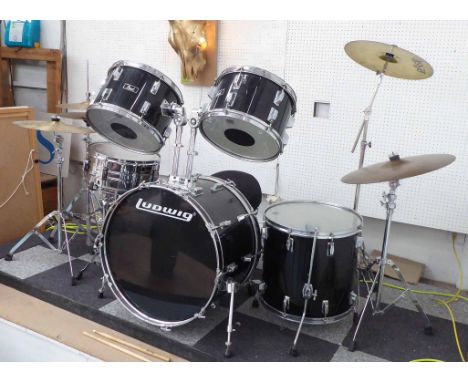 TEN PIECE DRUM KIT, including a Ludwig bass drum, Peal rack tong, snare drum and floor tom with various cymbals and stool wit