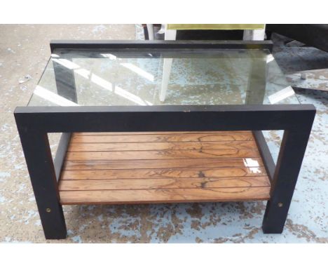 VINTAGE SIDE TABLES, a pair, with glass tops and rosewood undershelf on an ebonised support, 77cm x 46cm x 48cm H. (2)