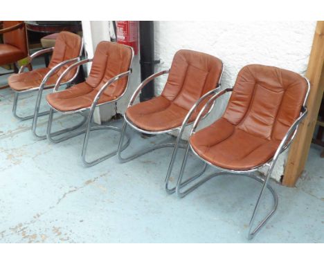 VINTAGE DINING CHAIRS, a set of four, mid 20th century, polished metal with cushions, each 56cm W. (4)