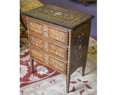 COMMODE, 19th century Italian walnut, yewood crossbanded pewter and bone inlaid with three long drawers, 40cm D x 61cm W x 77