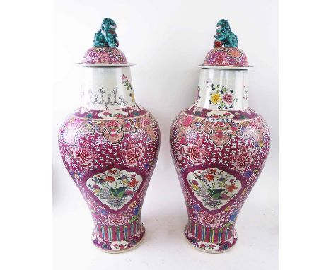 ORIENTAL LIDDED VASES, a pair, famille rose ceramic, decorated with flowering scenes in cartouches, each 74cm H overall. (2)