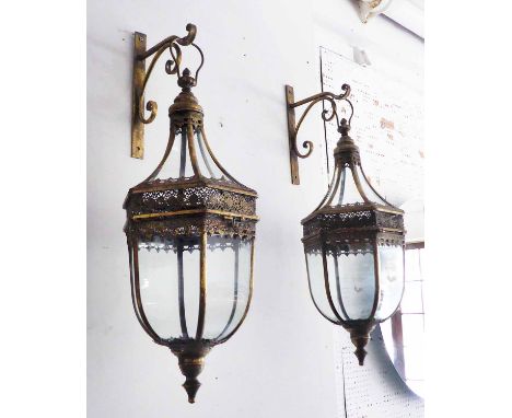 VINTAGE STYLE HANGING CANDLE LANTERNS, a pair, in gilt metal finish, 77cm drop approx. (2)