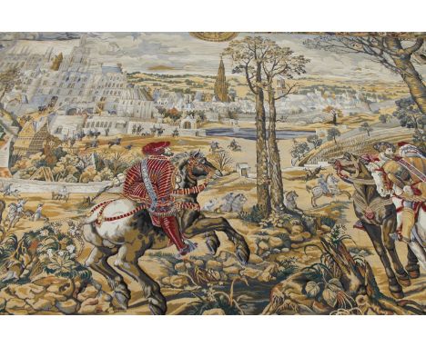 A very large tapestry wall hanging, 467 cm x 237 cm, depicting traditional figures in front of a castle 
