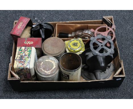 A box of tins, Oxo tins, kitchen scales etc 