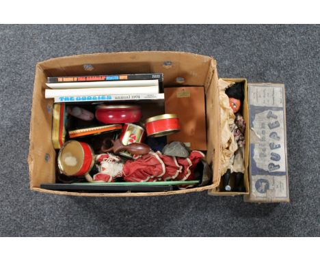 A box of Pelham puppet in box, children's annuals, toys etc  CONDITION REPORT: Box and label generally in poor order. I canno