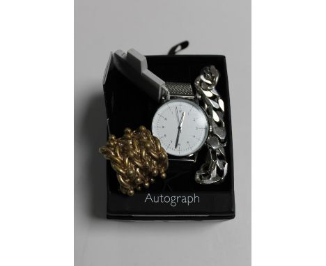 A sterling silver curb chain, a large gent's ring and a gent's watch 
