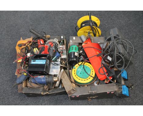Two boxes of tools, power tools, cables, saw, extension lead etc 
