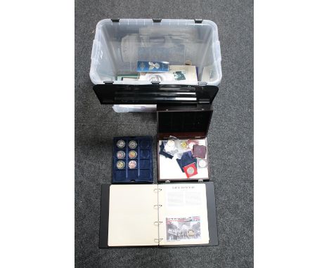 A box of miscellaneous commemorative coins and first day covers; Royalty, FA Cup, The Second World War etc