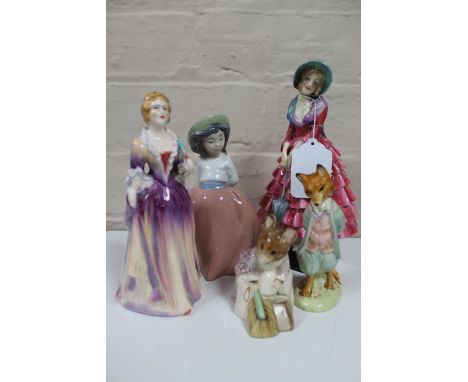 A collection of china figures to include Royal Doulton Priscilla HN 1340 (damaged), Beswick and Nao etc  