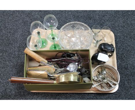 A tray of silver plated items, cutlery, wine coaster, barometer, crystal, travel iron 