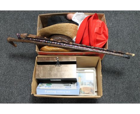 Two boxes of walking sticks, folding stick, hats etc 