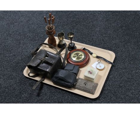 A tray of antique leather cased meter barometer, plated trophies, gent's watch, compass etc 