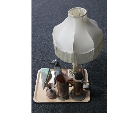 A tray of figured table lamp, dog figure, brass tidy etc 