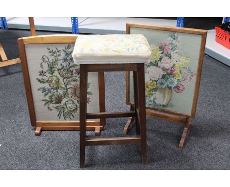 Two tapestry upholstered fire screens and a stool 