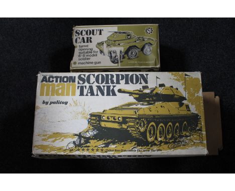 An Action Man scorpion tank by Palitoy and a Scout car (boxed) 