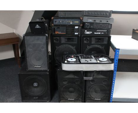A large quantity of audio and DJ equipment : two x Denon DN-S1000 CDs and Numark mixer, two x Auna speakers, one x 900 PPX am