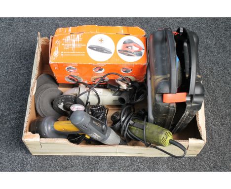 A box of tools to include drills, angle grinder, sander etc 