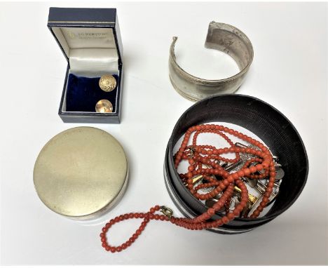 A group of cufflinks, bangle, studs, coral necklace etc 
