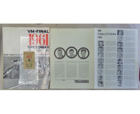 Speedway - World Final at Malmo 1961 includes race card and ticket, very collectable. Slight damage to programme minimum.
