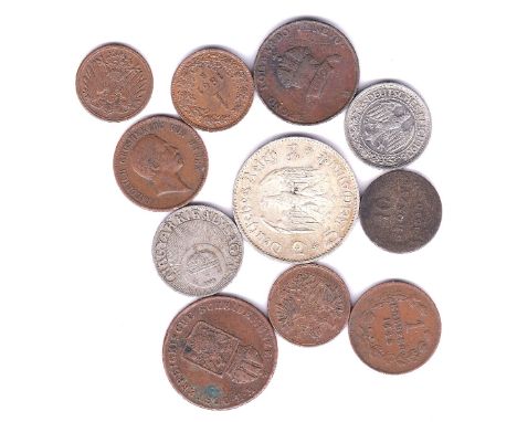 World coins (11) inc Austria 1 Kreuzer 1861B aUNC, Lombardy Venetia 1862V VF,Nazi 5 Marks 1934F VF, Poland 10 Groszy 1840 F, 