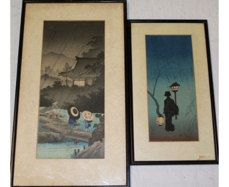A Japanese coloured print depicting figures crossing a bridge, signed, 15" x 6" and one other coloured print depicting a fema