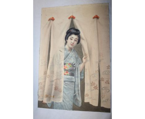 R** Yuko - watercolour A Japanese girl peering through a curtain, signed 13" x 9"