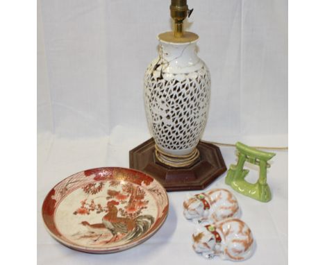 A Chinese blanc de chine tapered vase with pierced decoration, adapted as a table lamp (af) 10½" high; Japanese Kutani circul