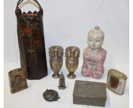 A selection of Japanese metalware including modern carved wood kneeling Buddha figure 9" high; pair of white metal two handle