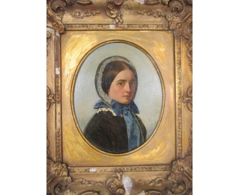 English School (19th Century) - Portrait of a Lady in a bonnet and blue silk scarf, oval, oil on panel, 20 x 16 cm  