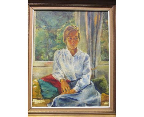 A mid-century framed portrait of a young lady, oil on canvas  