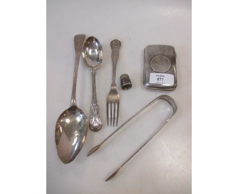 A King's pattern silver christening pair of spoon and fork, a George III Old English pattern tablespoon, London 1800, a pair 