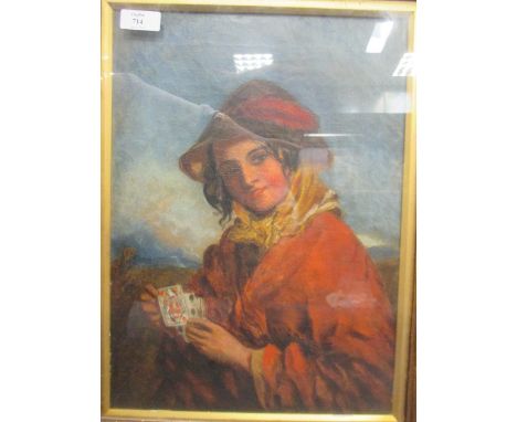 English School (19th Century)  A young girl in red cloak and mob cap, playing cards oil on canvas 37 x 27cm (14 x 11in)  Unde