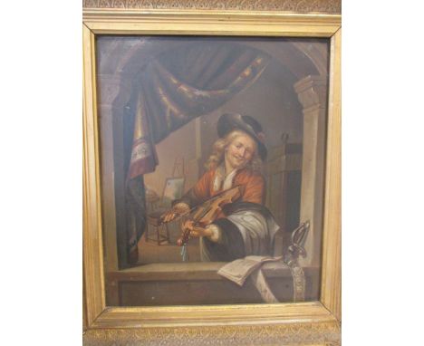 After Gerard Dou, A musician playing the violin at a window, oil on tin, 24 x 20cm; and English School (19th Century), Portra