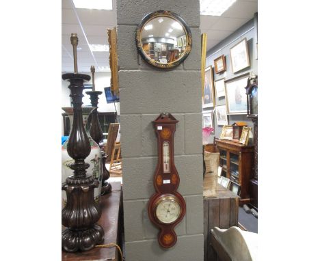 An aneroid barometer in Sheraton taste case with alcohol thermometer together with a chinoiserie framed circular mirror (2)  