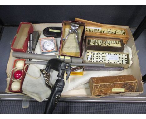 A pair of leather riding breeches, together with various games, dominoes and an African walking stick etc  