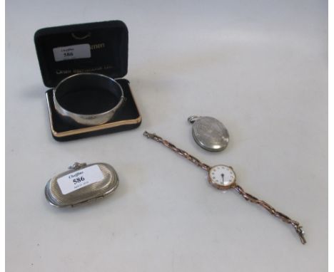 A silver cigarette case, a bangle and other items including a ladies yellow metal watch  