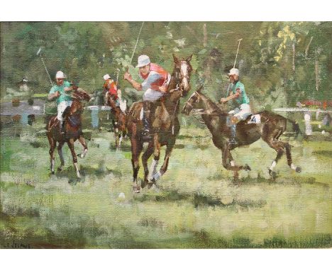 James le Jeune, RHA[1910-1983] 
PLAYING POLO, THE PHOENIX PARK
Oil on canvas board, 12" x 18" (30.5 x 46cm), signed.