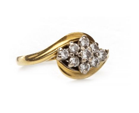 DIAMOND CLUSTER RING, set with nine round brilliant cut diamonds in a rhombic formation, in eighteen carat gold, size O 1/2, 