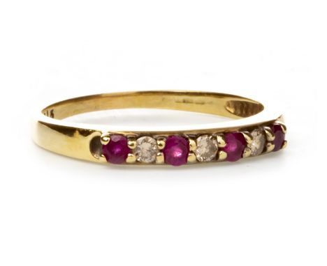 DIAMOND AND PINK GEM SET RING, set with a row of round faceted pink gems alternating with round brilliant cut diamonds, unmar