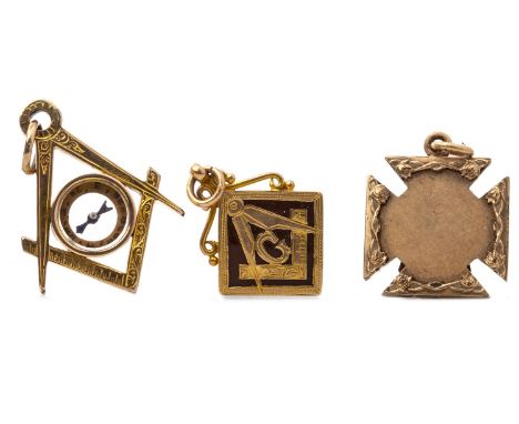 MASONIC COMPASS PENDANT, the central compass motif within an engraved set square and compass motifs, marked 10c; along with a