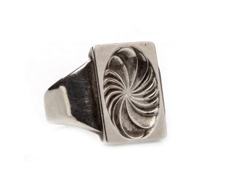 GEORG JENSEN SILVER RING, the rectangular bezel 17mm long, with sunken concave sectioned oval motif, marked 84 A, size L 1/2,