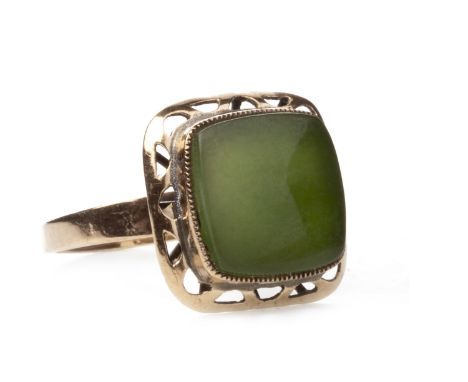 GREEN HARDSTONE SET RING, set with a square section of hardstone 12.2mm wide within a millegrain edged collet setting, within