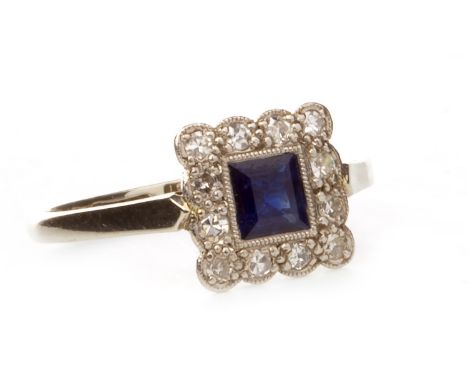 BLUE GEM AND DIAMOND RING, mid-twentieth century, set with a central square blue gem within a border of round diamonds, marke